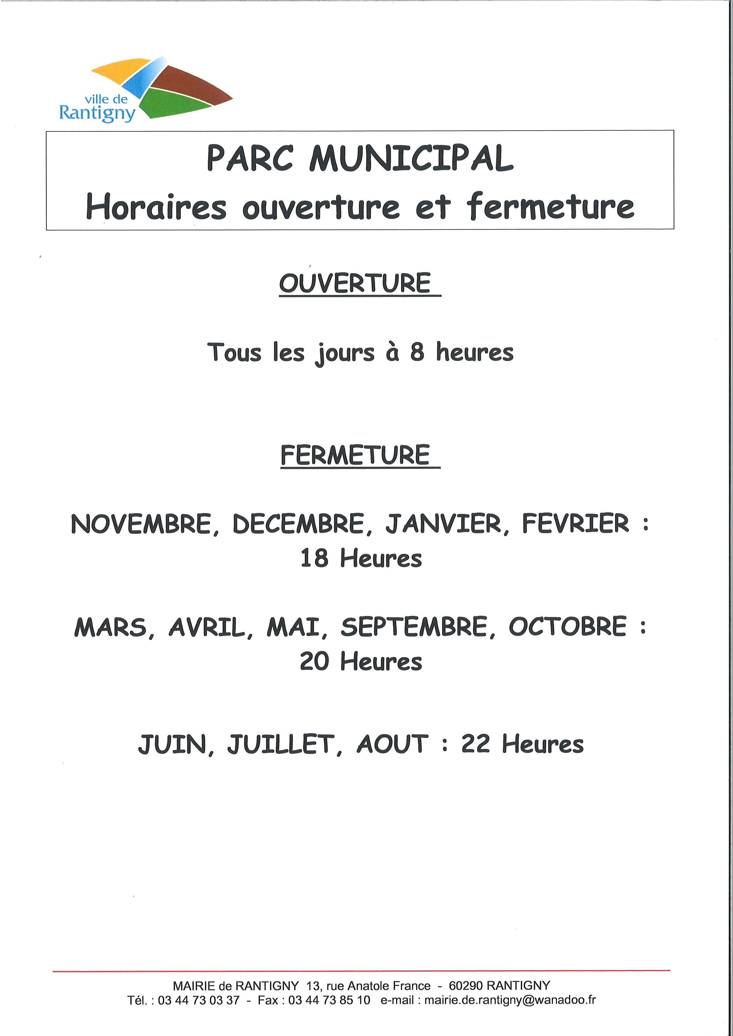 affiche horaires du parc