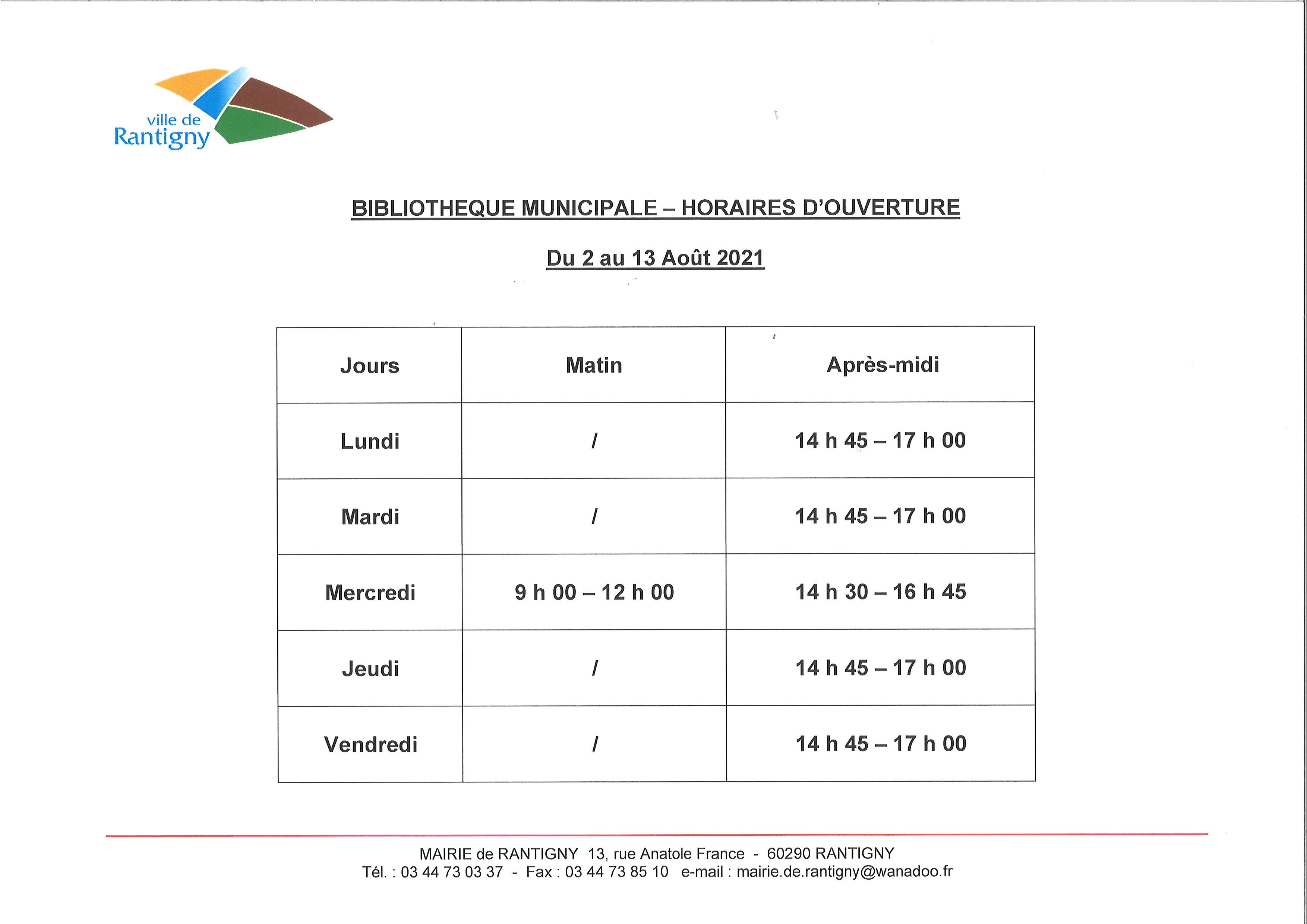 HORAIRES BIBLIOTHEQUE AOUT 2021