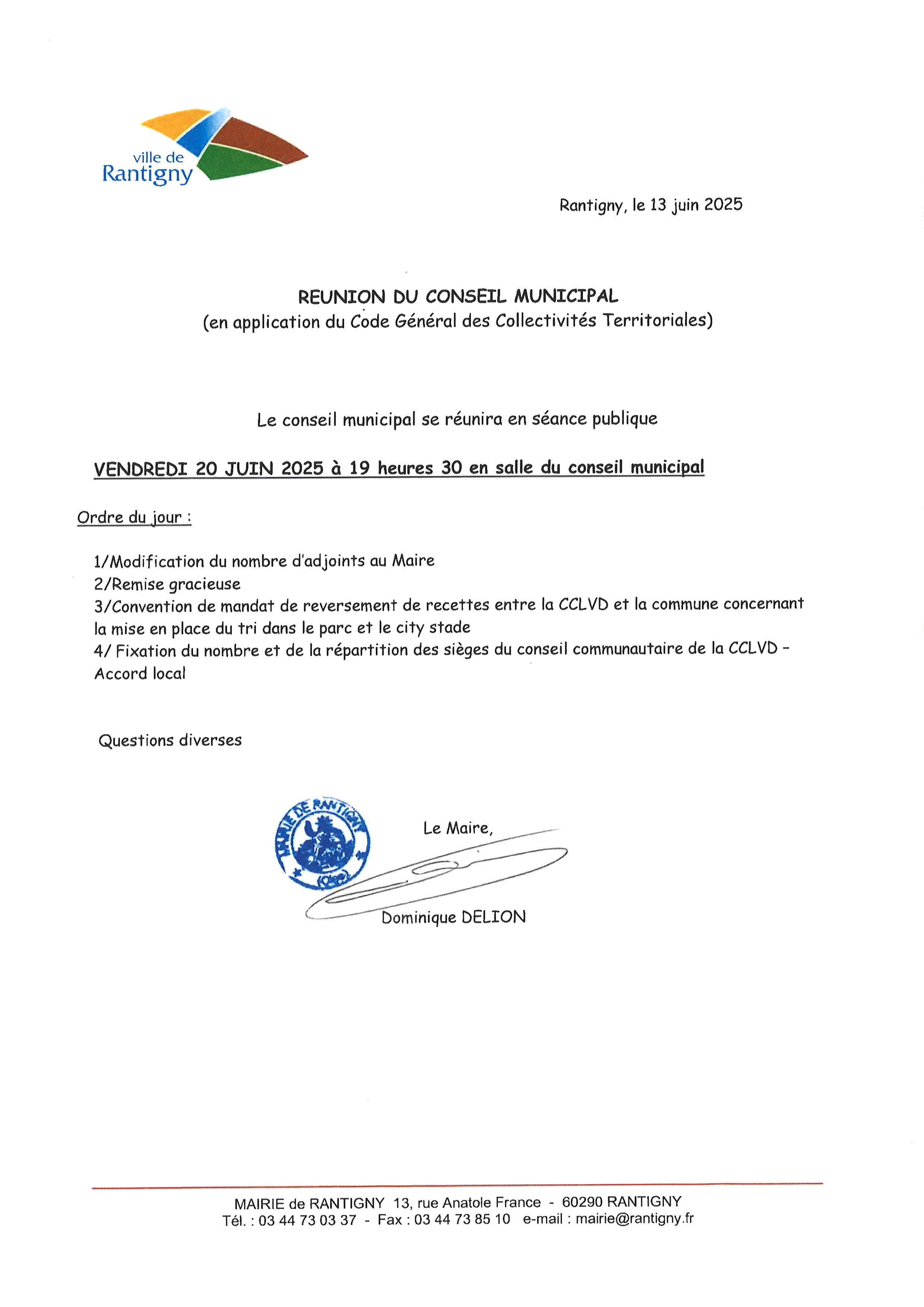ordre du jour du CM du 20 juin 2025