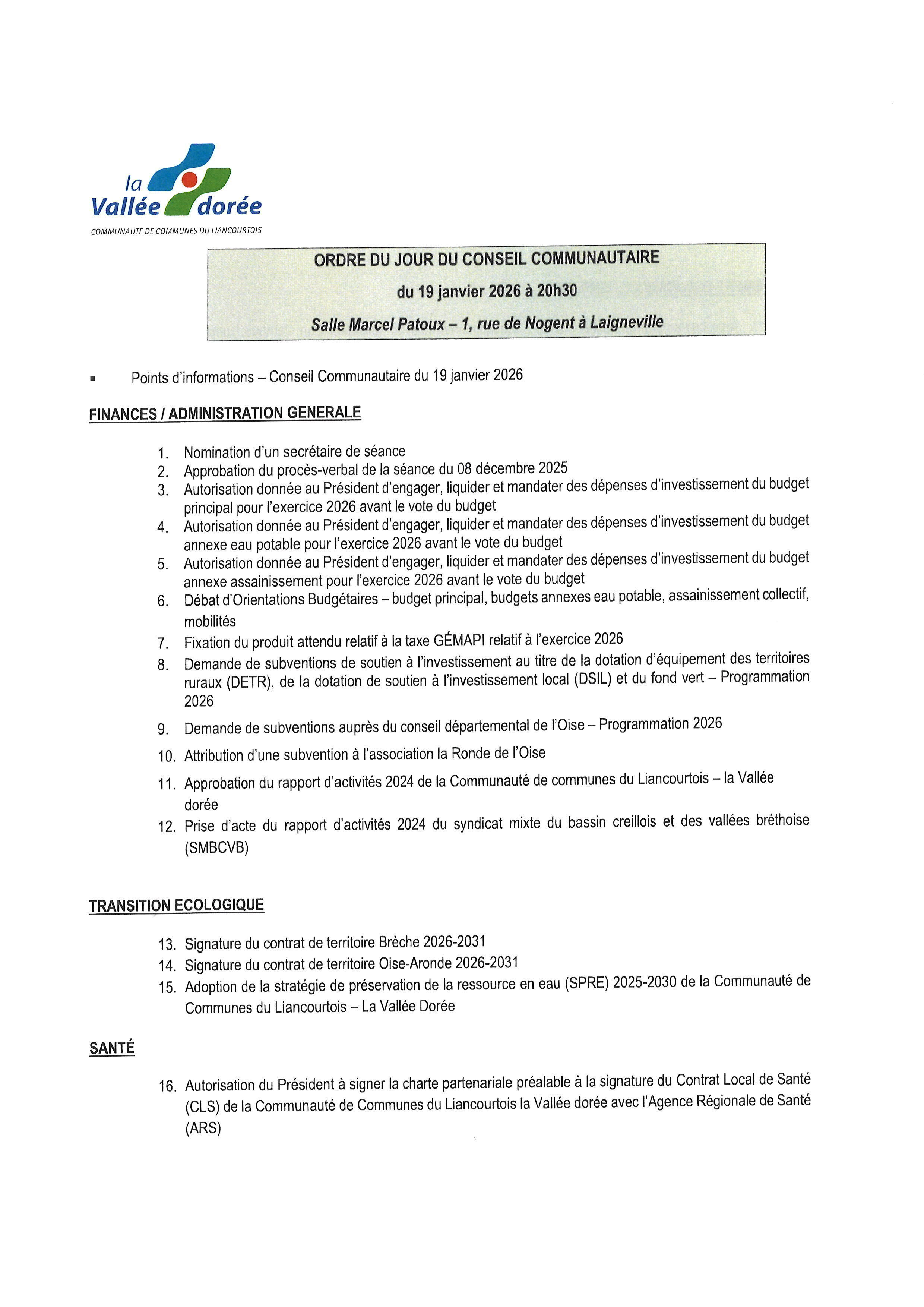 ORDRE DU JOUR DU CONSEIL COMMUNAUTAIRE DU 19 JANVIER 2026 A 20H30