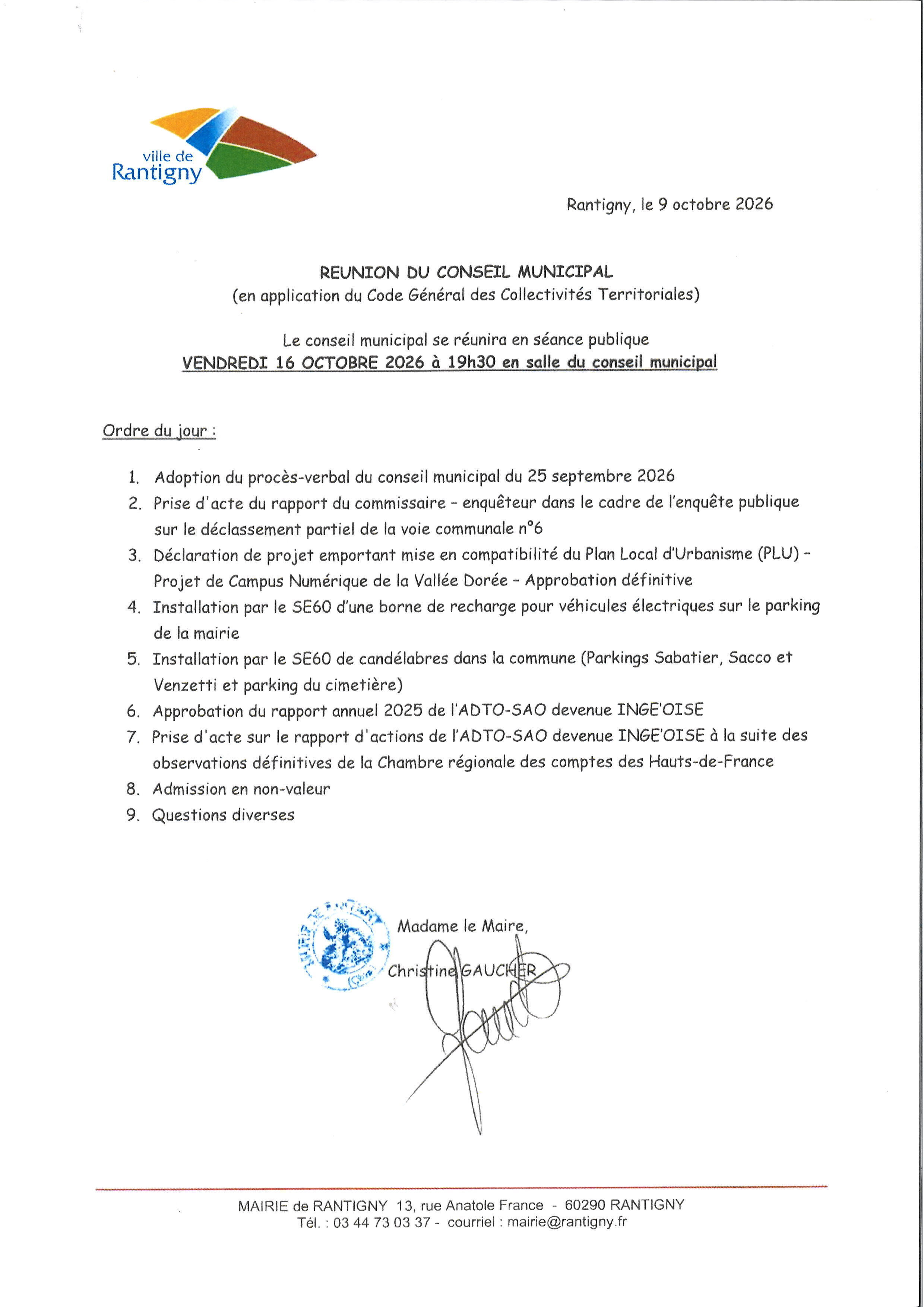 Ordre du jour du conseil municipal du 16 octobre 2026