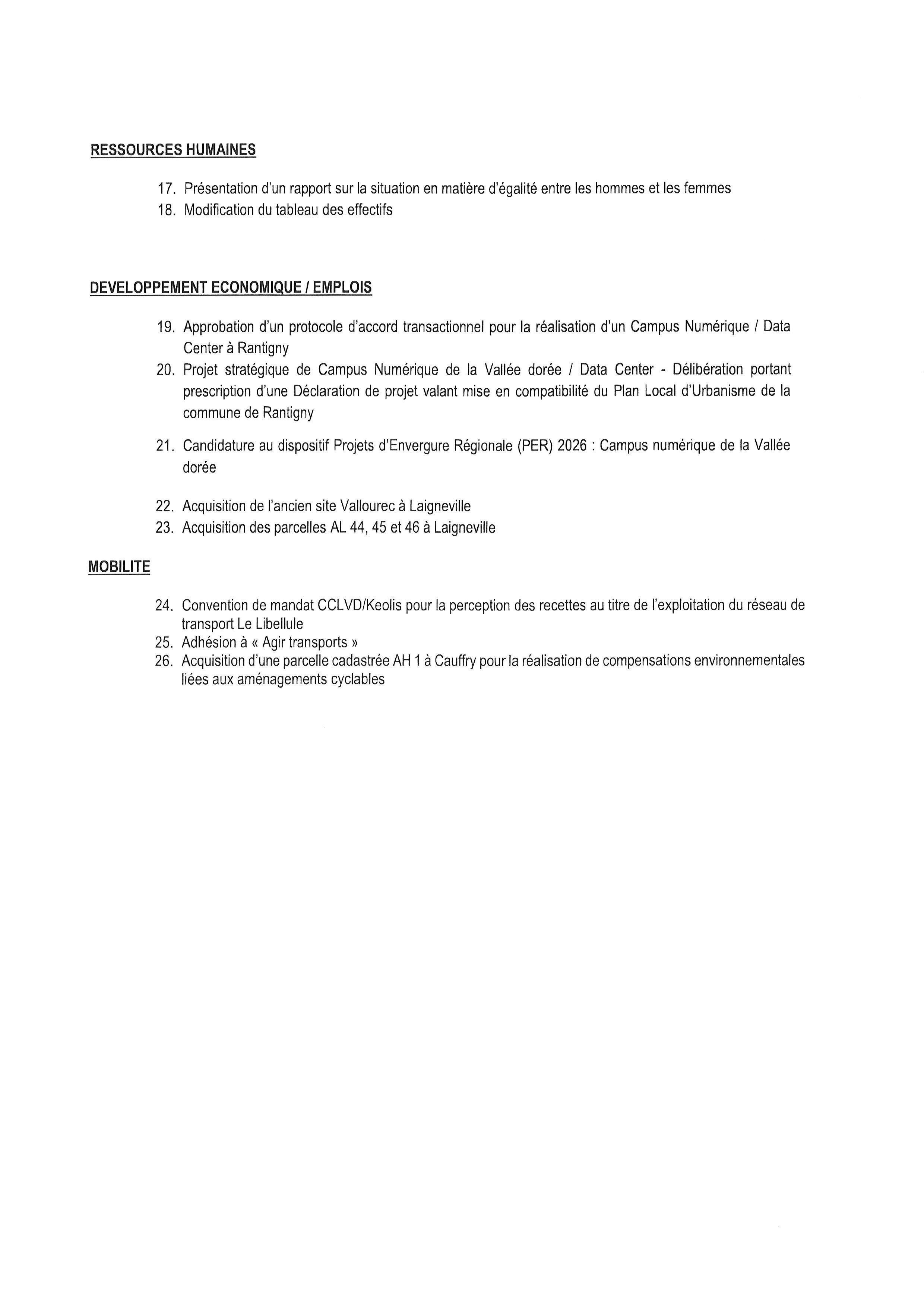 VERSO ORDRE DU JOUR DU CONSEIL COMMUNAUTAIRE